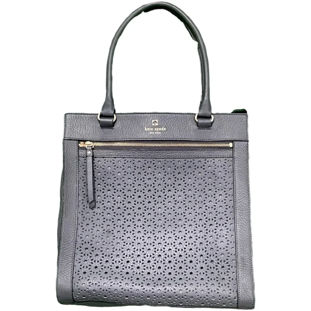 KATE SPADE Lynne Perri Lane Shoulder Bag Floral Perforated Leather Asphalt Blue